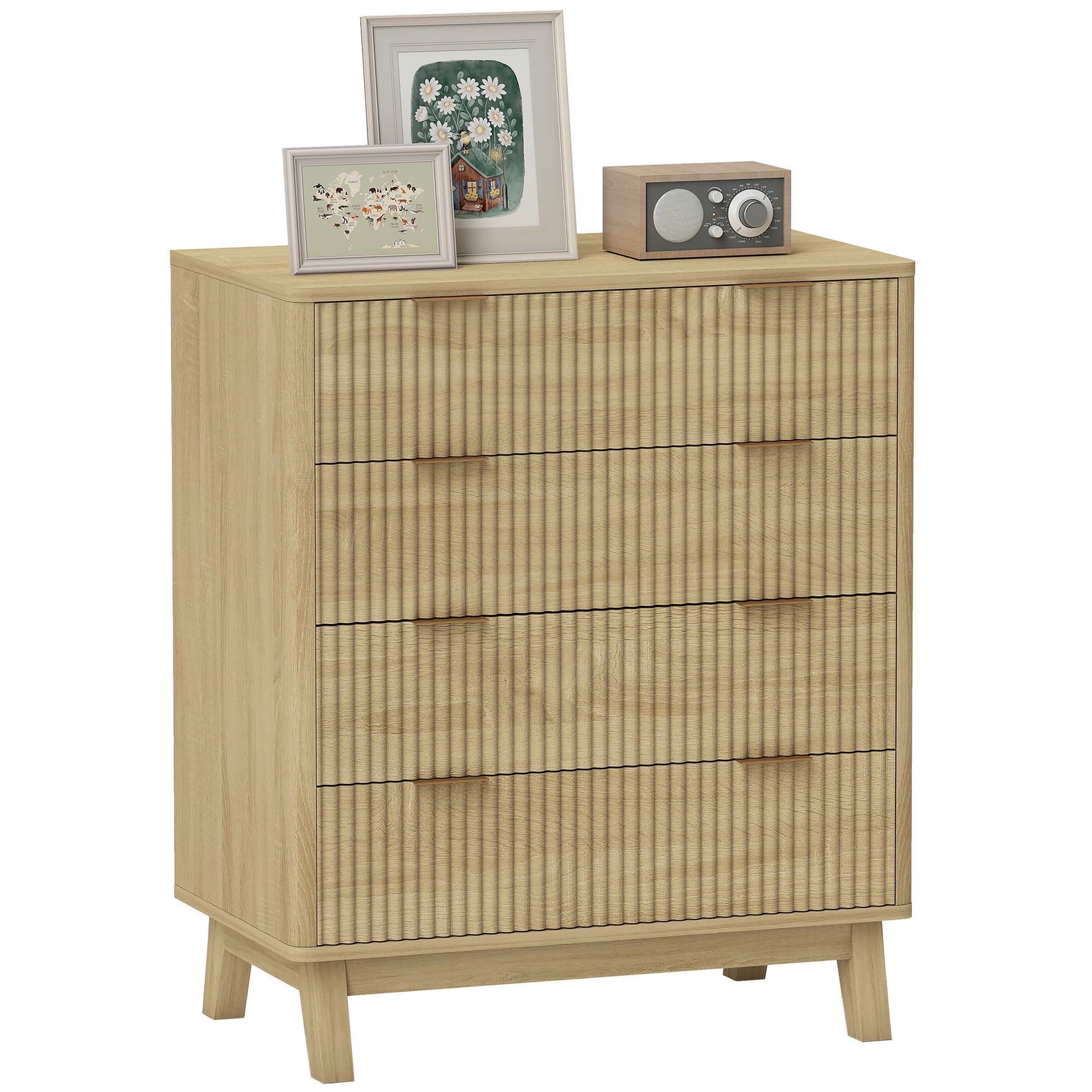 HOMCOM Fluted Dresser for Bedroom with 4 Drawers, Chest of Drawers with Gold Finger Pulls and 4 Wood Legs, Natural Wood