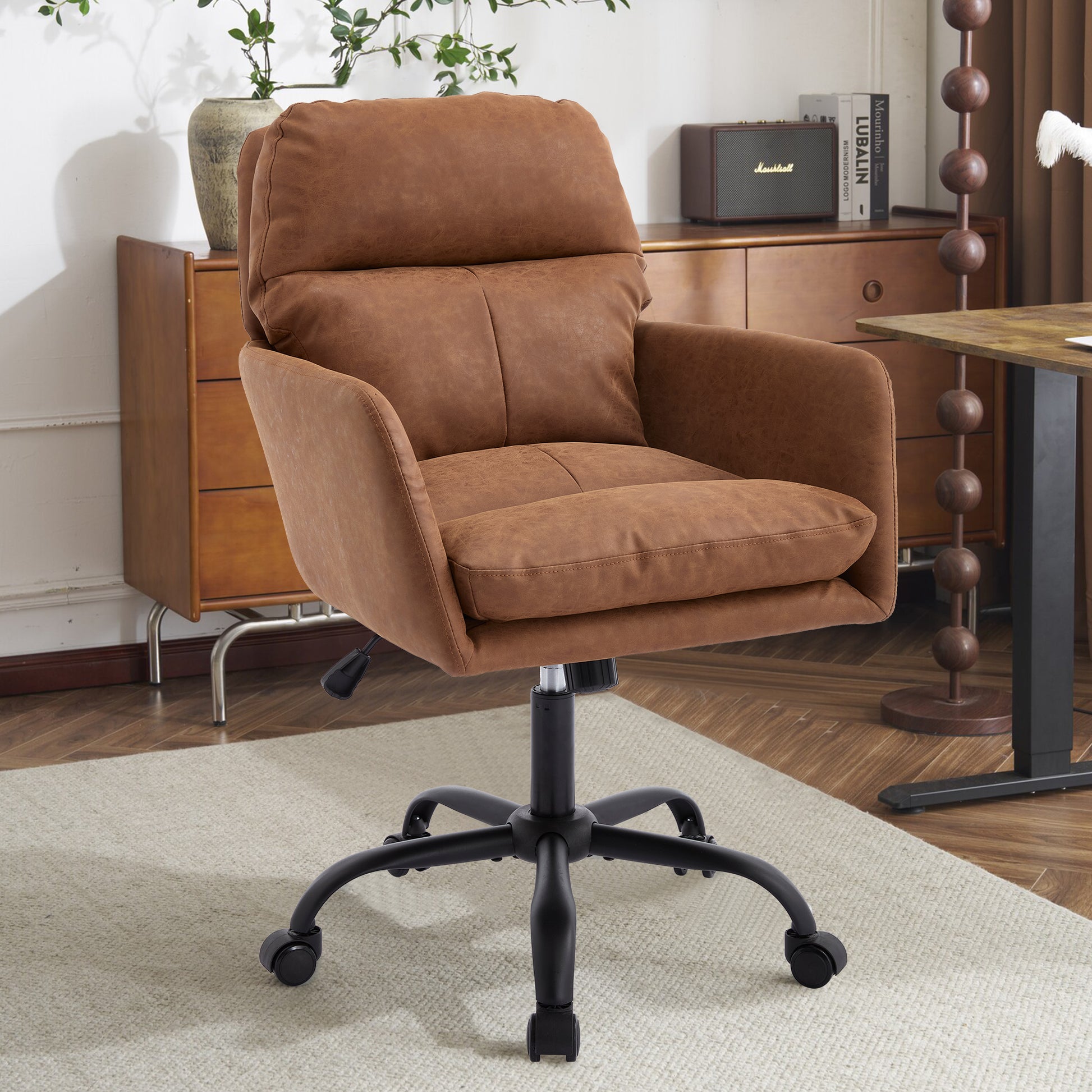 Artificial leather, PU leather, black base, adjustable in height, suitable for office, bedroom, dressing table and other environments. An office chair.Brown