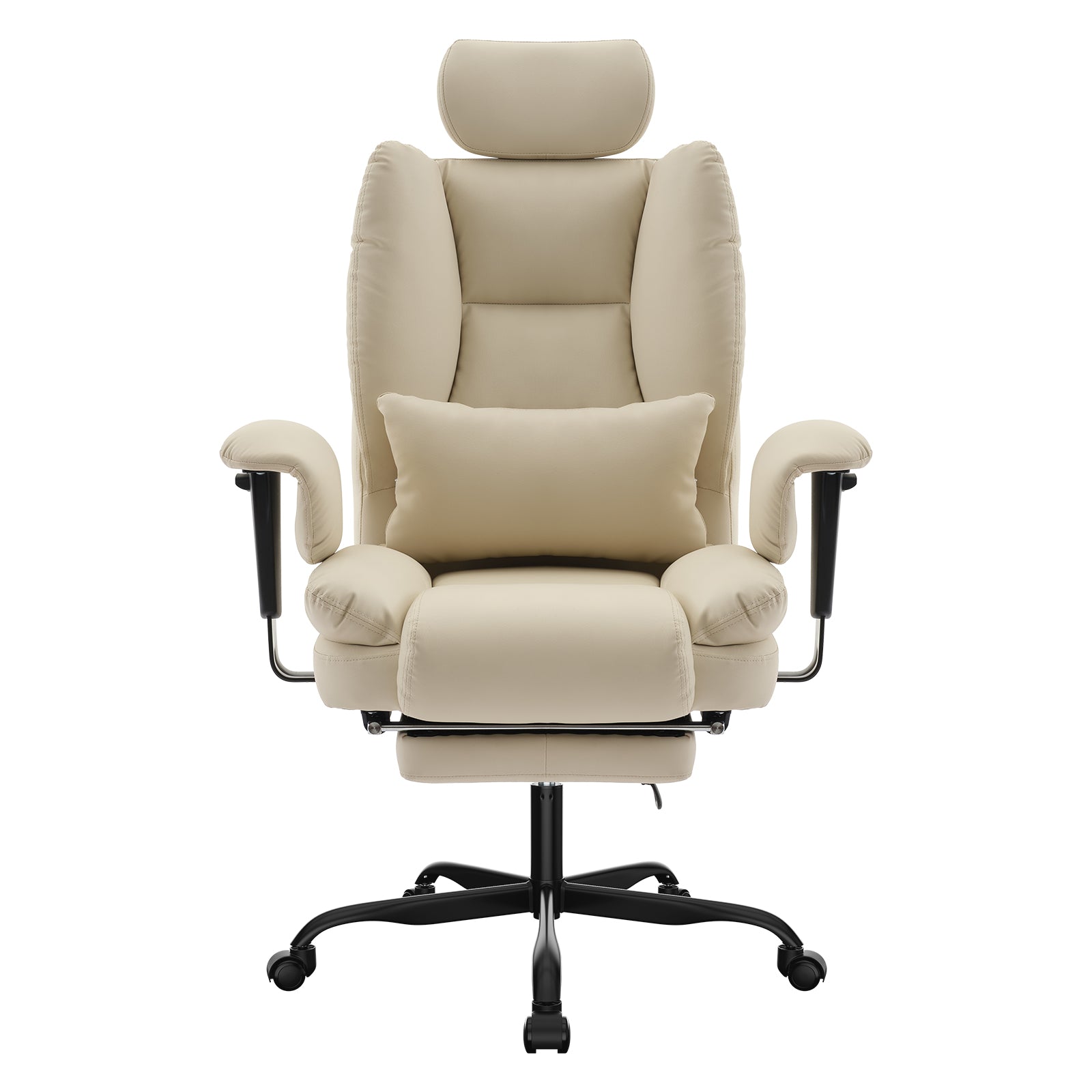 Office Chair Ergonomic 200 kg PU Leather Computer Chair with Lumbar Support and High Backrest, Ergonomic Desk Chair with Liftable Headrest, Beige