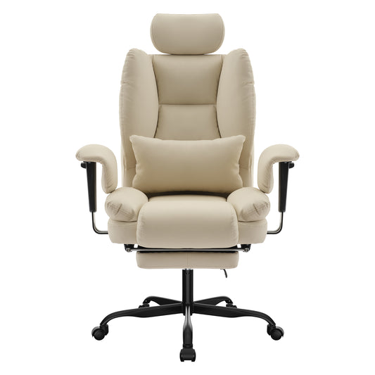 Office Chair Ergonomic 200 kg PU Leather Computer Chair with Lumbar Support and High Backrest, Ergonomic Desk Chair with Liftable Headrest, Beige