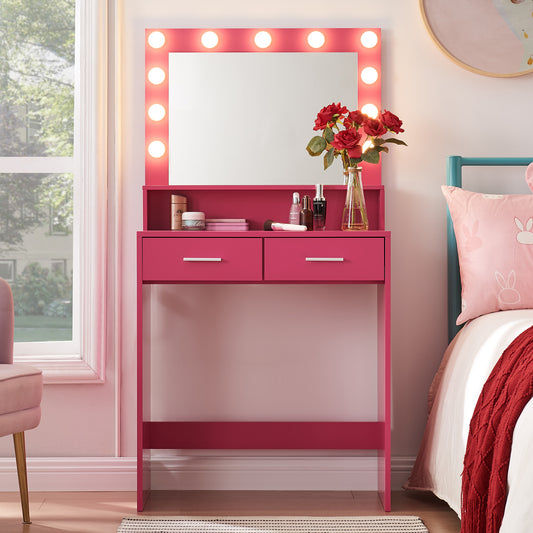 Rose Pink Makeup Vanity with Mirror & Lights - Storage Dresser
