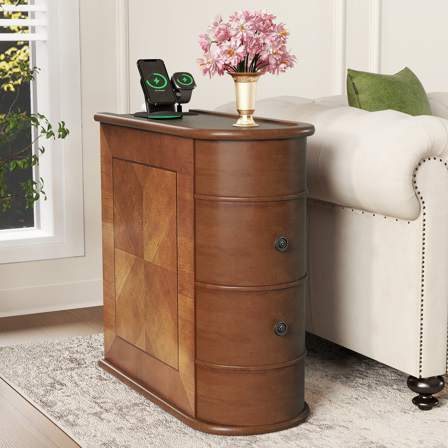 Natural MDF End Table with Storage and Charging Station for Bedroom