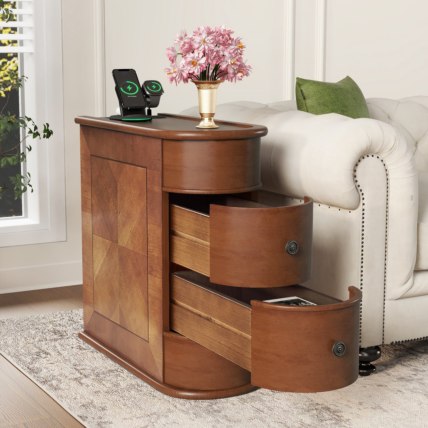 Natural MDF End Table with Storage and Charging Station for Bedroom