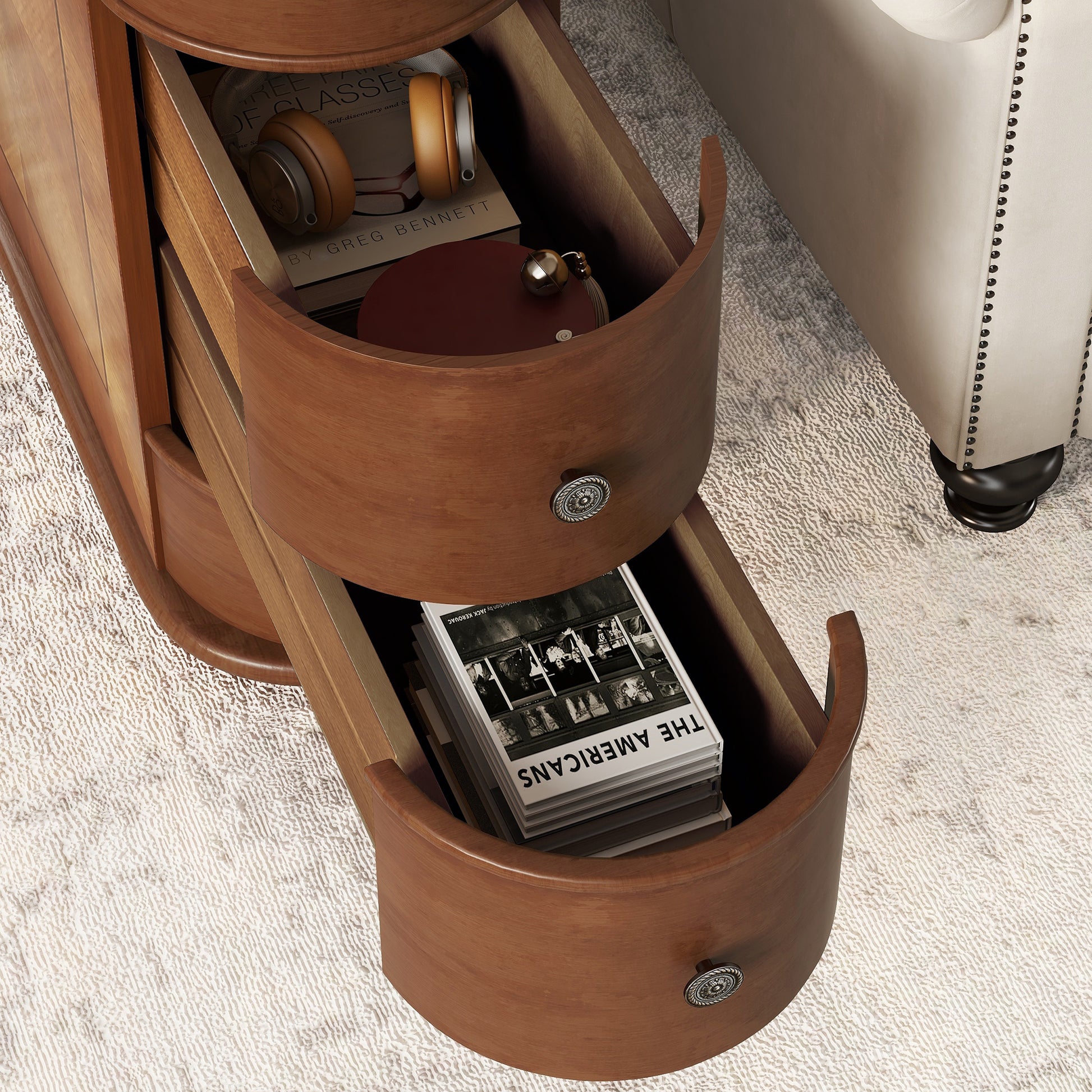 Natural MDF End Table with Storage and Charging Station for Bedroom