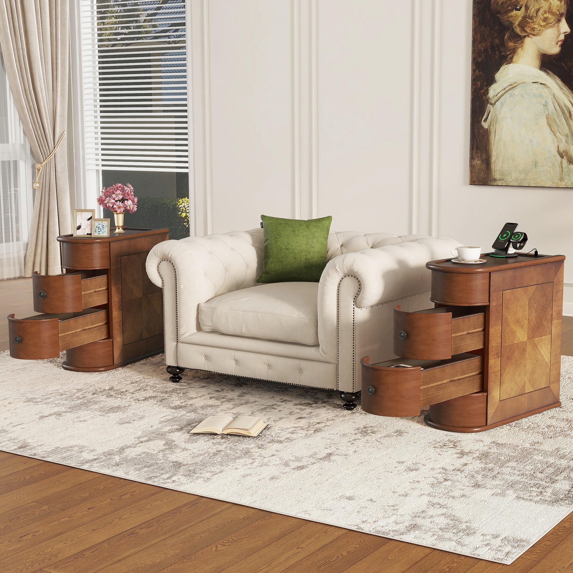 Natural MDF End Table with Storage and Charging Station for Bedroom