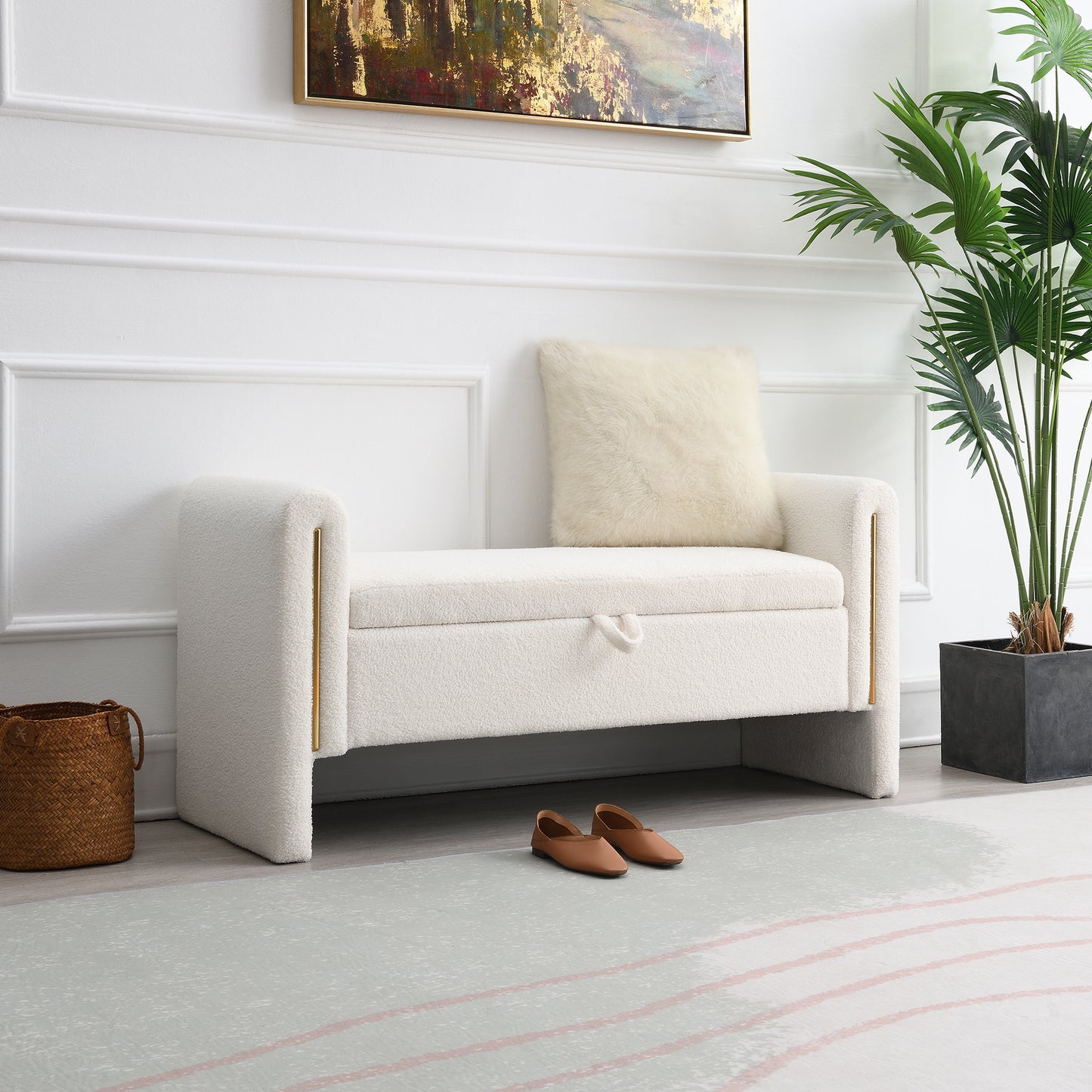 Cream Storage Ottoman Bench - Modern Foot Rest Stool for Bedroom, Dorm, or Living