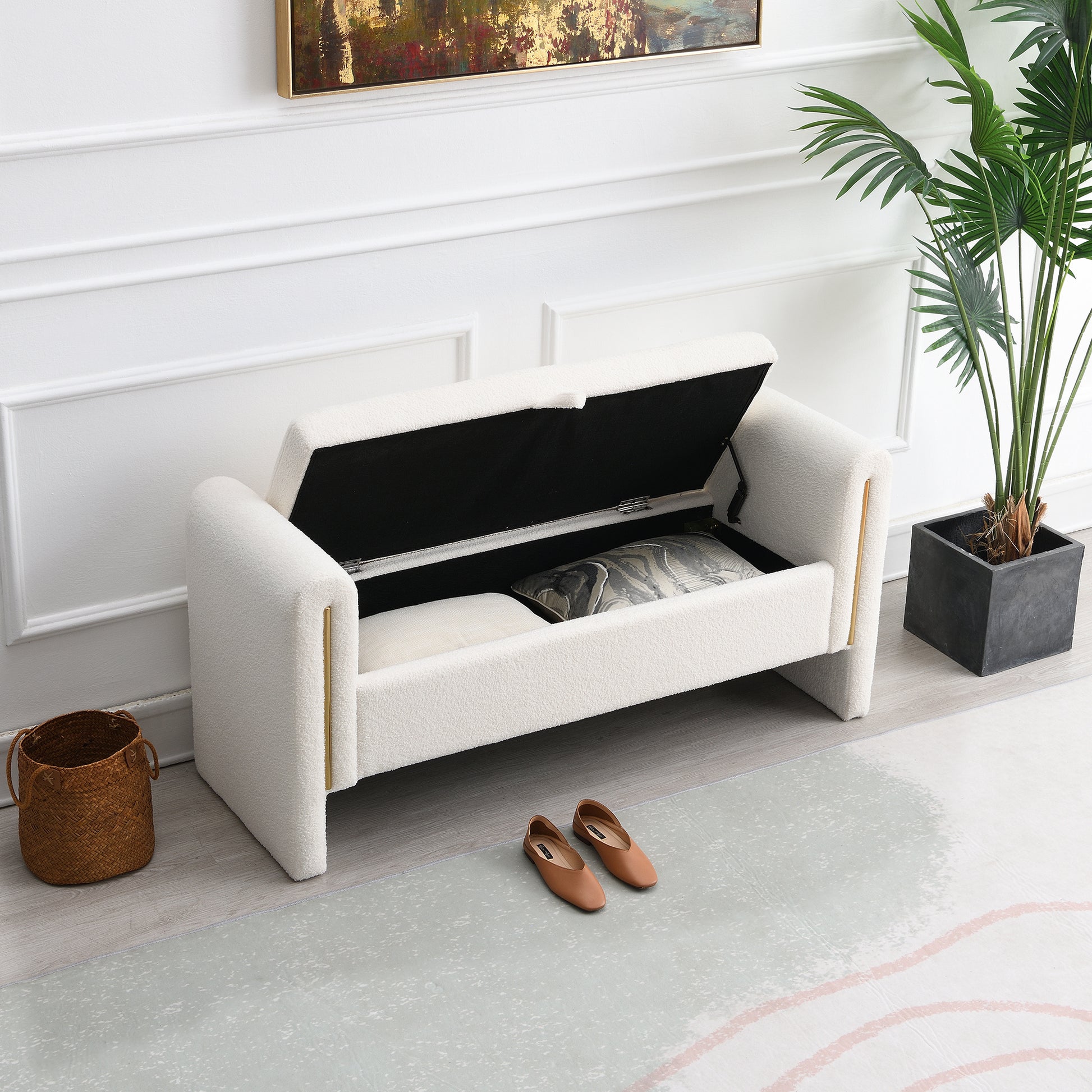 Cream Storage Ottoman Bench - Modern Foot Rest Stool for Bedroom, Dorm, or Living