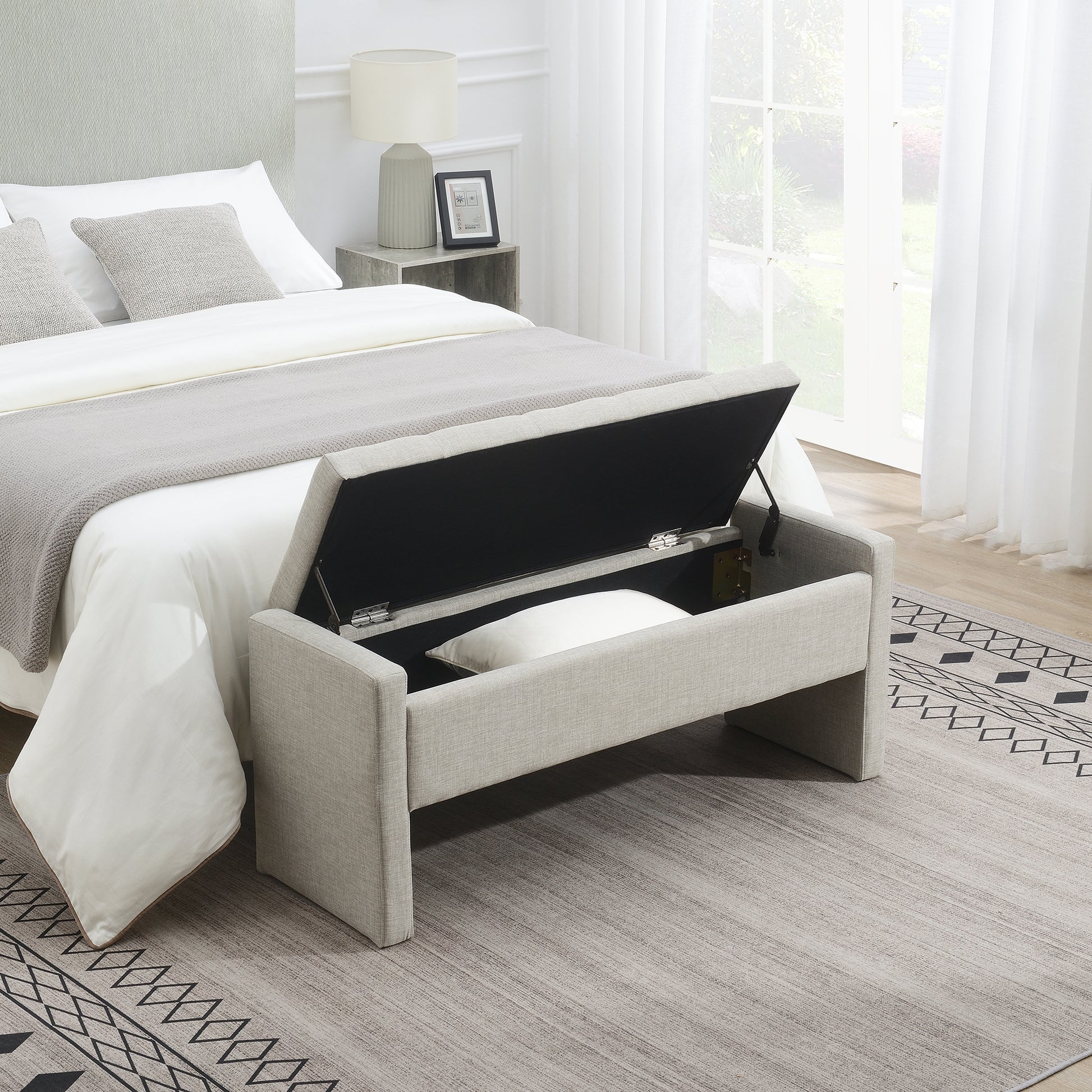 Modern Bed End Bench with Storage,Upholstered Large Foot Rest Stool, Comfy Window Vanity Bench for Living Room,Bedroom,Dorm,Coffee Table,Linen Light Grey