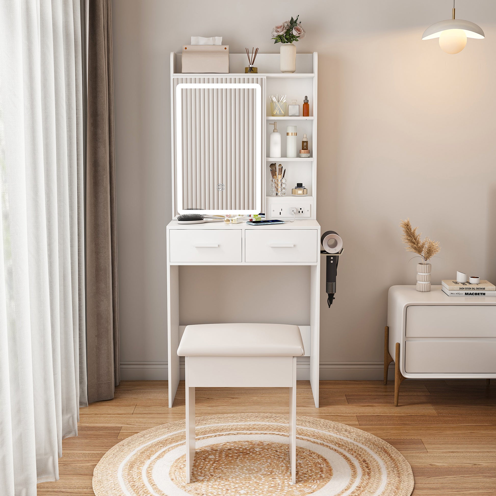 Small Makeup Vanity Desk with Mirror & Adjustable LED Lights,Built-in Power Outlet & Hidden Storage, Includes padded stool & Shelf,Space-Saving Dressing Table for Small Bedrooms,White