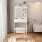 Small Makeup Vanity Desk with Mirror & Adjustable LED Lights,Built-in Power Outlet & Hidden Storage, Includes padded stool & Shelf,Space-Saving Dressing Table for Small Bedrooms,White