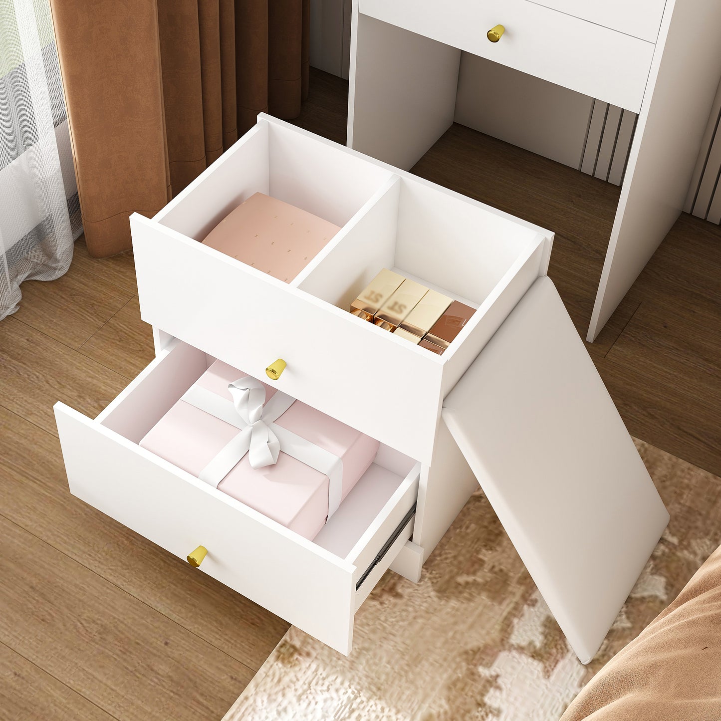 3-in-1 White Makeup Vanity with Storage & LED Mirror for Bedroom