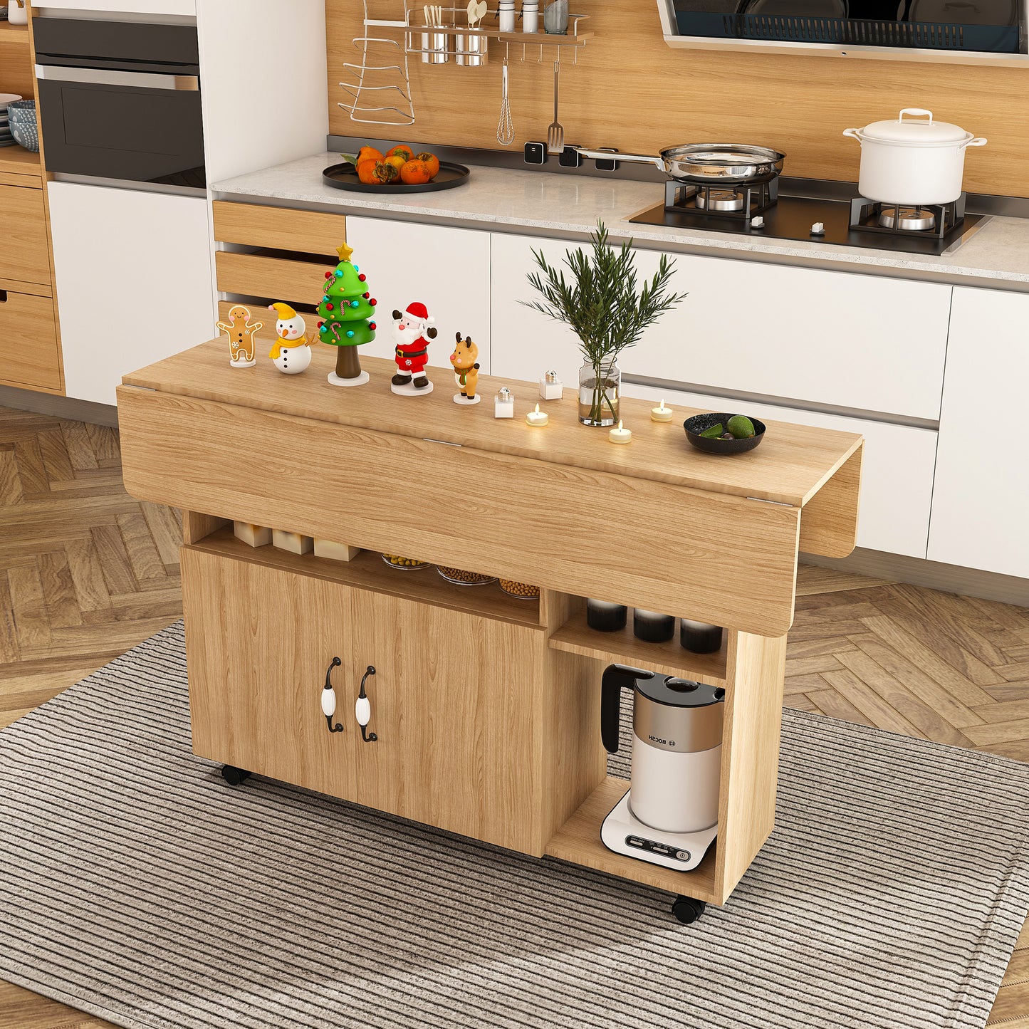 Multi-Functional Folding Table with Storage Shelves and Wheels, 47 Inch Foldable Dining Table for Small Spaces, Compact Desk for Kitchen, Dorm, Office