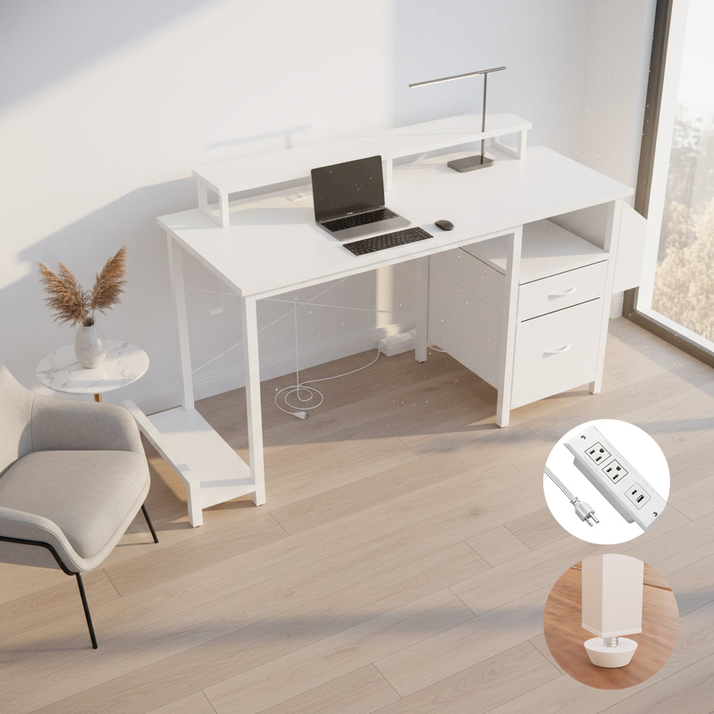 47.3"office desk with power outlet,2 Monitor Stands,2 drawers,Side Pocket,Easy to Assemble,Frame stability Reversible,use for home desk, computer desk, game table,White