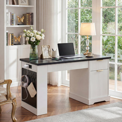 55" Modern Fluted Office Desk with Storage Cabinet & Drawers, Computer Writing Desk with Power Outlet, Pegboard, Built-in Shelves and Keyboard Tray for Study, Living Room, Home Office, White