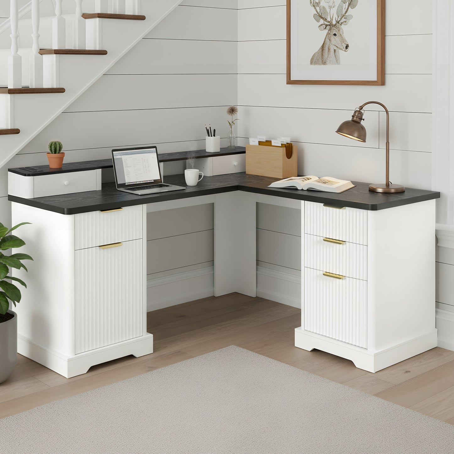 59" Modern Fluted L-Shaped Desk with Charging Station & Storage Cabinet - Home Office Computer Desk with Monitor Stand, File Drawer and Removable Support Shelf for Study, Home Office, White