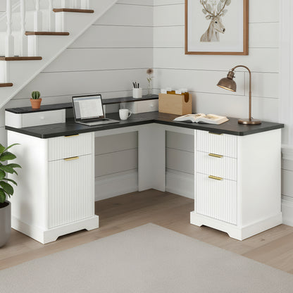 59" Modern Fluted L-Shaped Desk with Charging Station & Storage Cabinet - Home Office Computer Desk with Monitor Stand, File Drawer and Removable Support Shelf for Study, Home Office, White