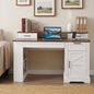 55" Farmhouse Office Desk with Storage Cabinet & Charging Station, Barn Door Design Computer Writing Desk with Keyboard Tray, Monitor Stand and Pegboard for Study, Living Room, Home Office, White