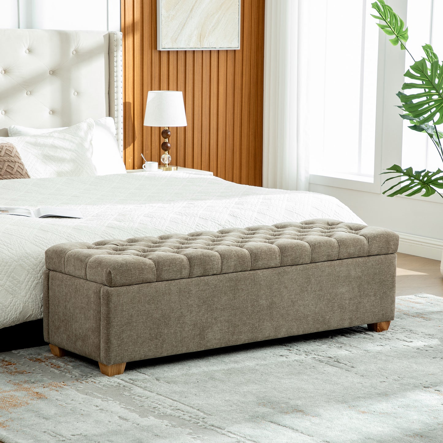 Taupe Chenille Storage Bench - 60.2" Wide Footrest Ottoman for Bedroom