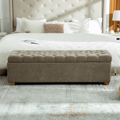 Taupe Chenille Storage Bench - 60.2" Wide Footrest Ottoman for Bedroom
