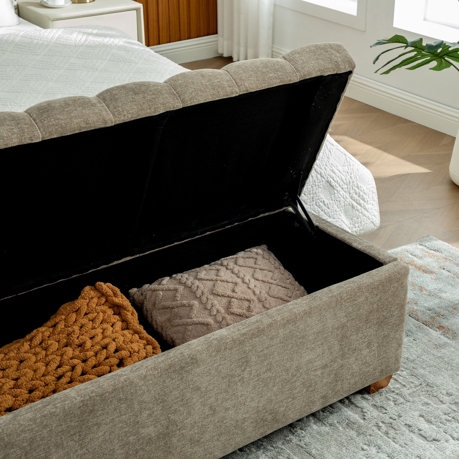 Taupe Chenille Storage Bench - 60.2" Wide Footrest Ottoman for Bedroom