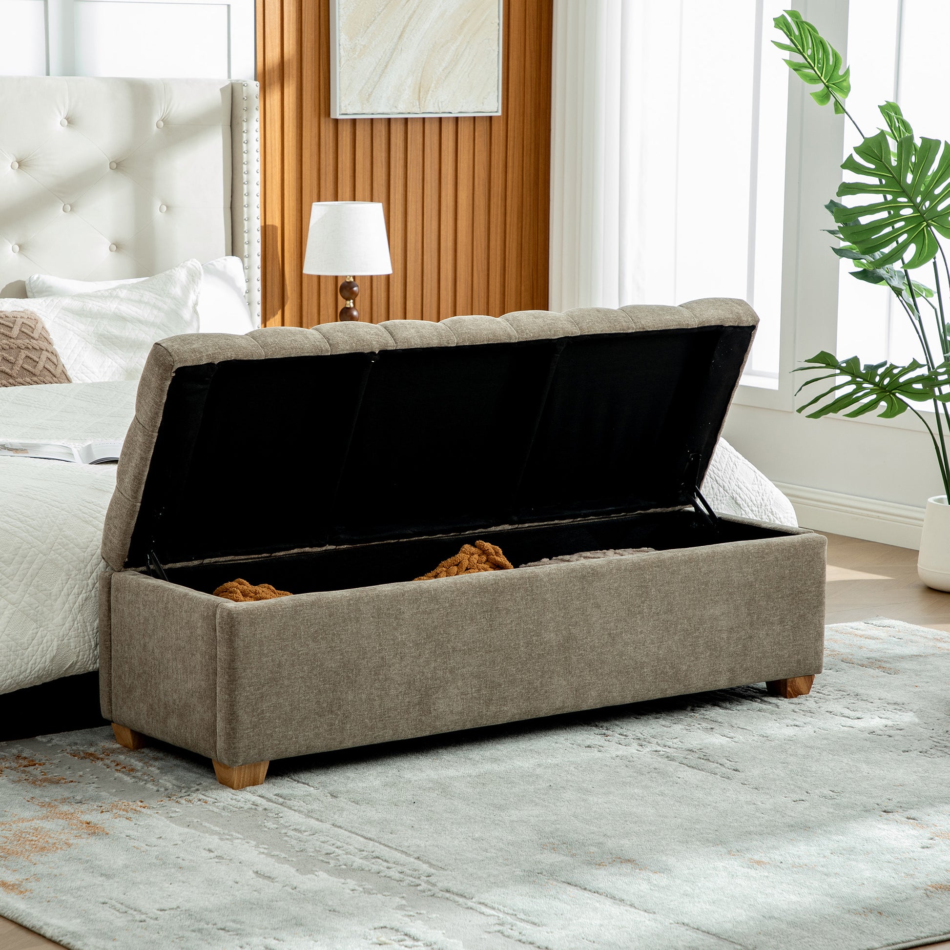 Taupe Chenille Storage Bench - 60.2" Wide Footrest Ottoman for Bedroom