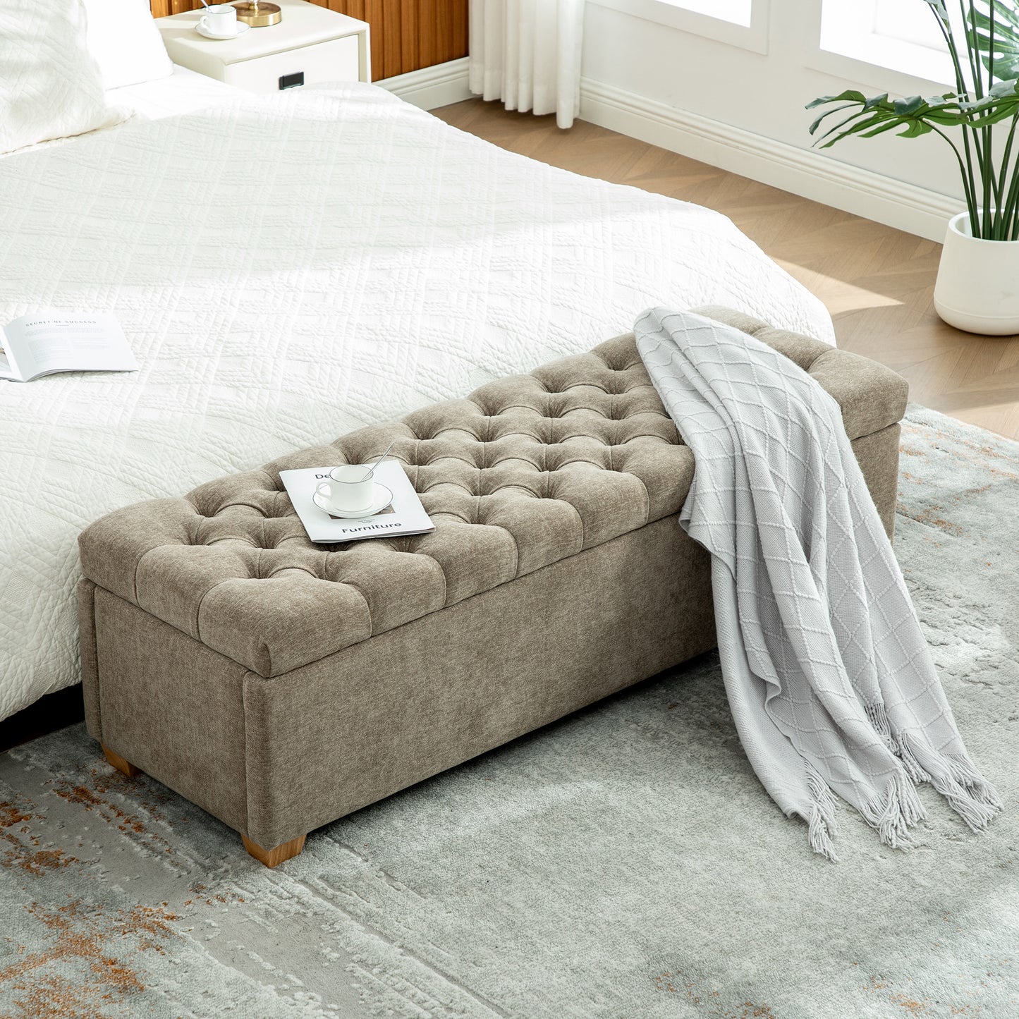 60.2'' Wide Chenille Upholstered End of Bed Storage Bench, Tufted Flip-Top Accent Window Bench Footrest Stool Ottoman with Legs for Bedroom, Living Room, Entryway, Dining Room, Dorm, Corner, Taupe