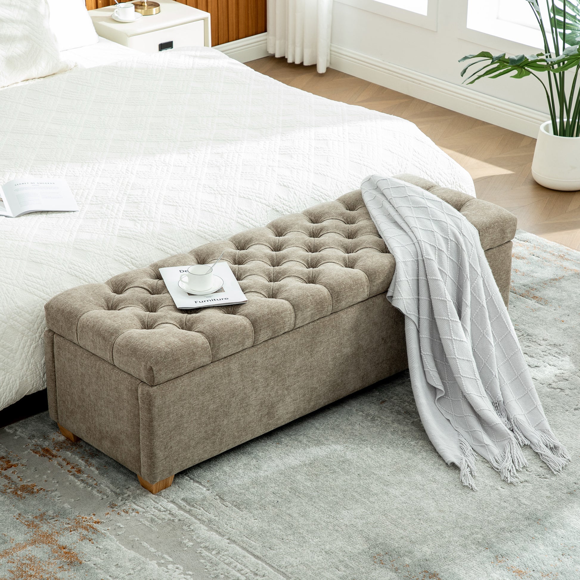 60.2'' Wide Chenille Upholstered End of Bed Storage Bench, Tufted Flip-Top Accent Window Bench Footrest Stool Ottoman with Legs for Bedroom, Living Room, Entryway, Dining Room, Dorm, Corner, Taupe
