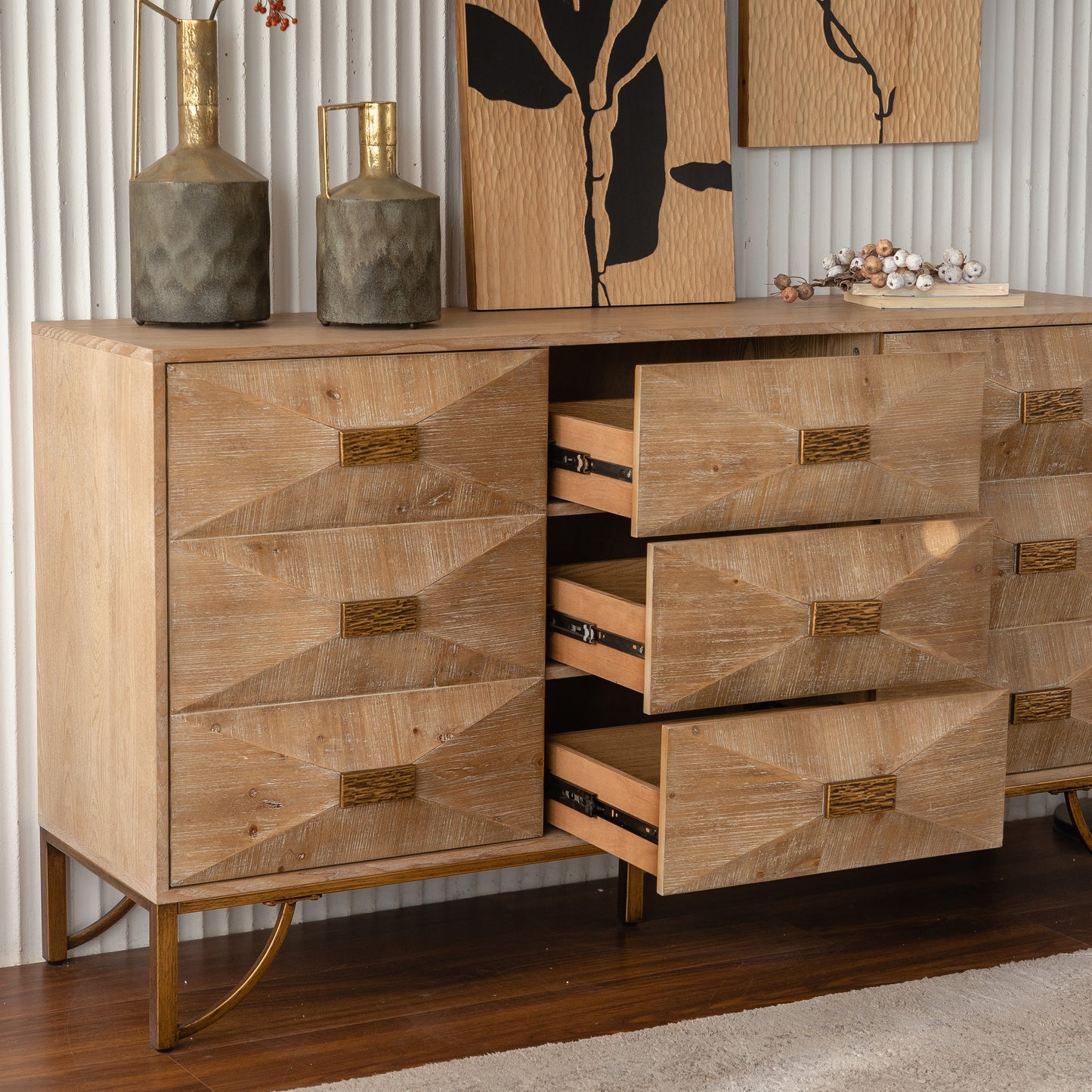 Bedroom 59.44" Light Wood Sideboard Buffet - 3-Drawer Storage Cabinet with Geometric