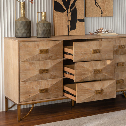 Bedroom 59.44" Light Wood Sideboard Buffet - 3-Drawer Storage Cabinet with Geometric