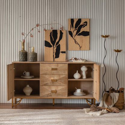 Bedroom 59.44" Light Wood Sideboard Buffet - 3-Drawer Storage Cabinet with Geometric