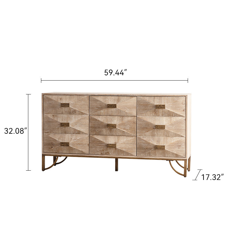 Bedroom 59.44" Light Wood Sideboard Buffet - 3-Drawer Storage Cabinet with Geometric