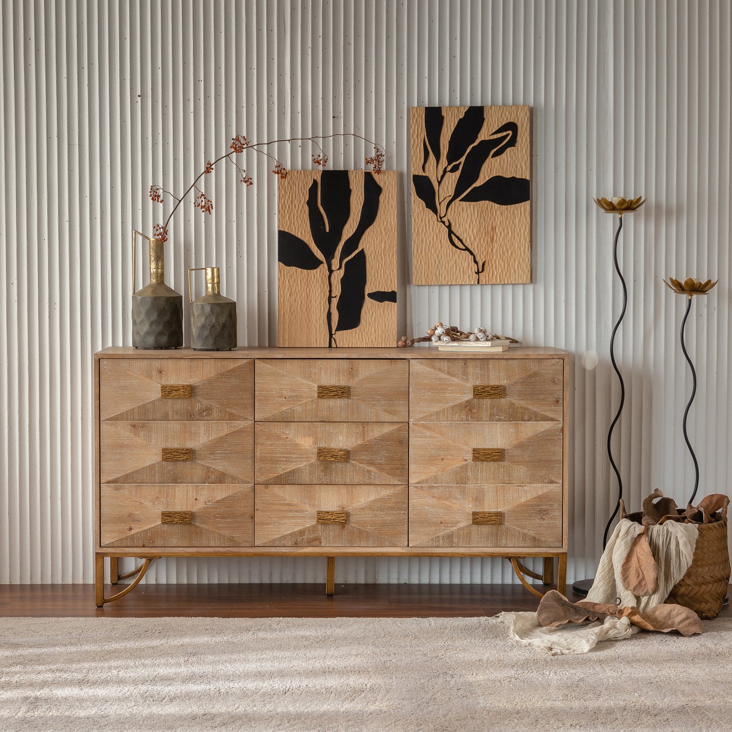 59.44" Light Wood Sideboard Buffet - 3-Drawer + 2-Door Storage Cabinet with Geometric Relief Fronts, Gold Metal Legs for Living Room/Dining Room