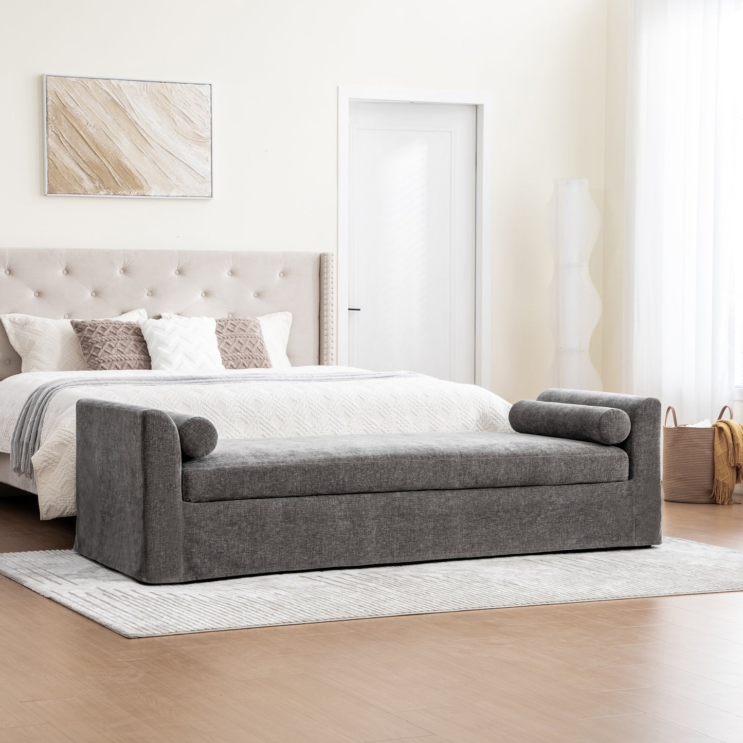 Gray Chenille Bed End Bench - Wide Footstool