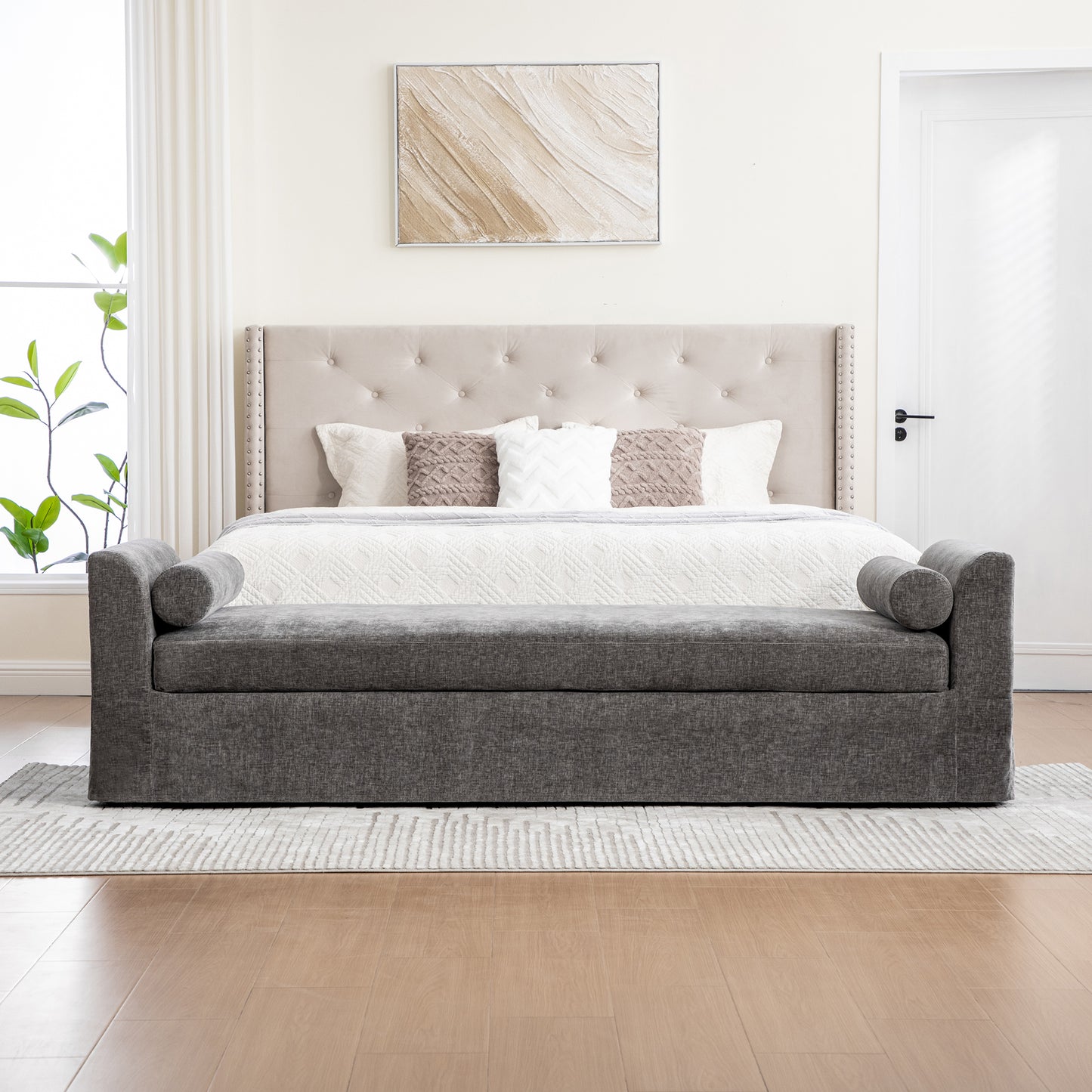 Gray Chenille Bed End Bench - Wide Footstool