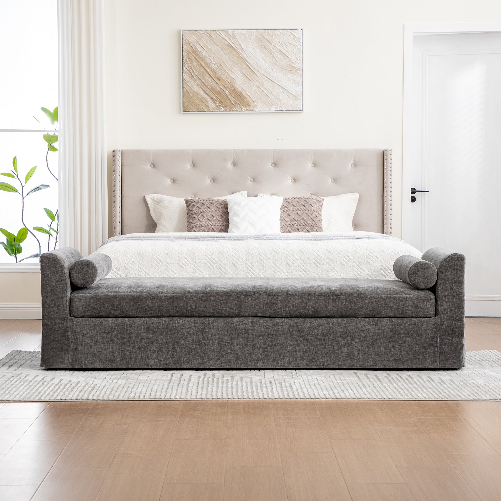 Gray Chenille Bed End Bench - Wide Footstool