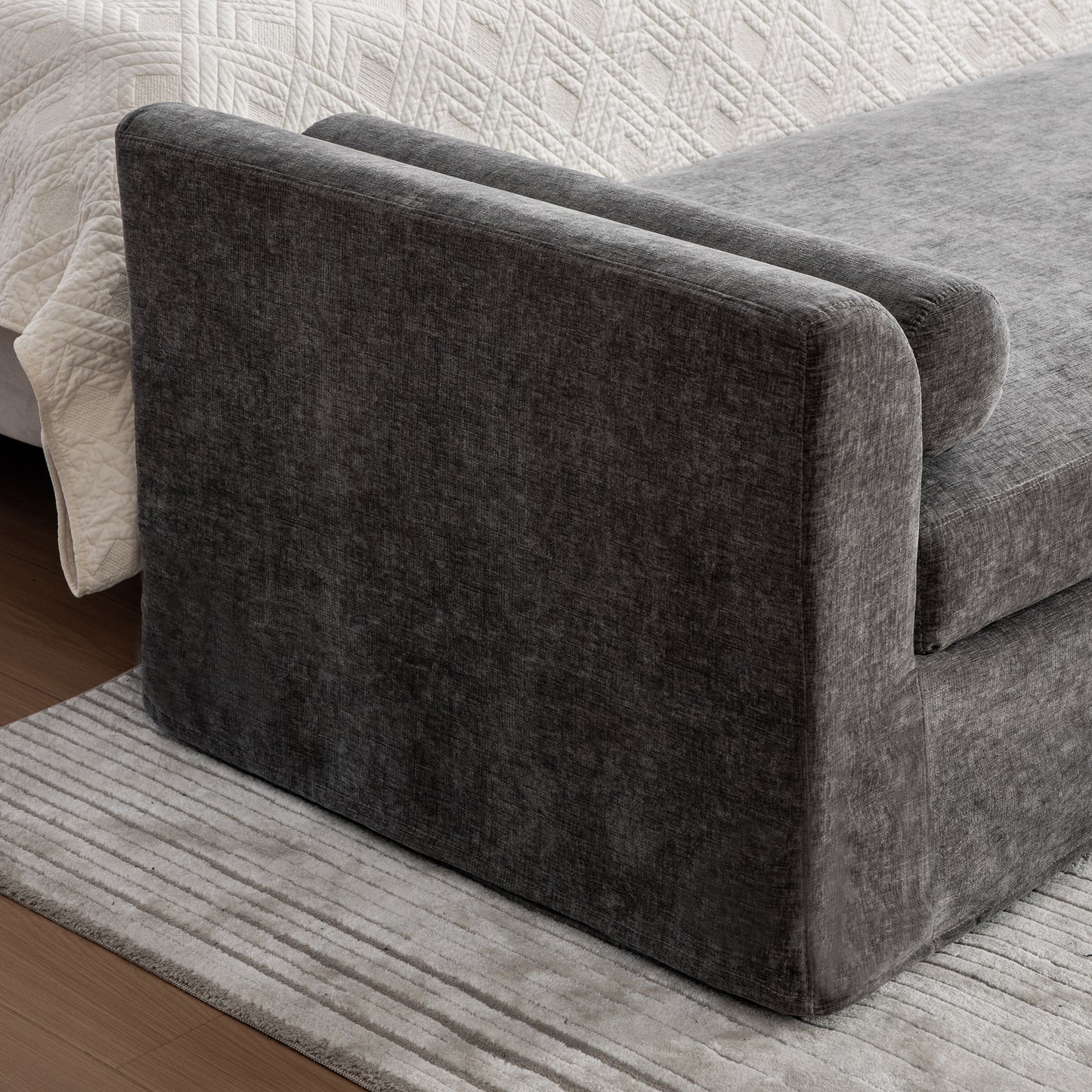 Gray Chenille Bed End Bench - Wide Footstool