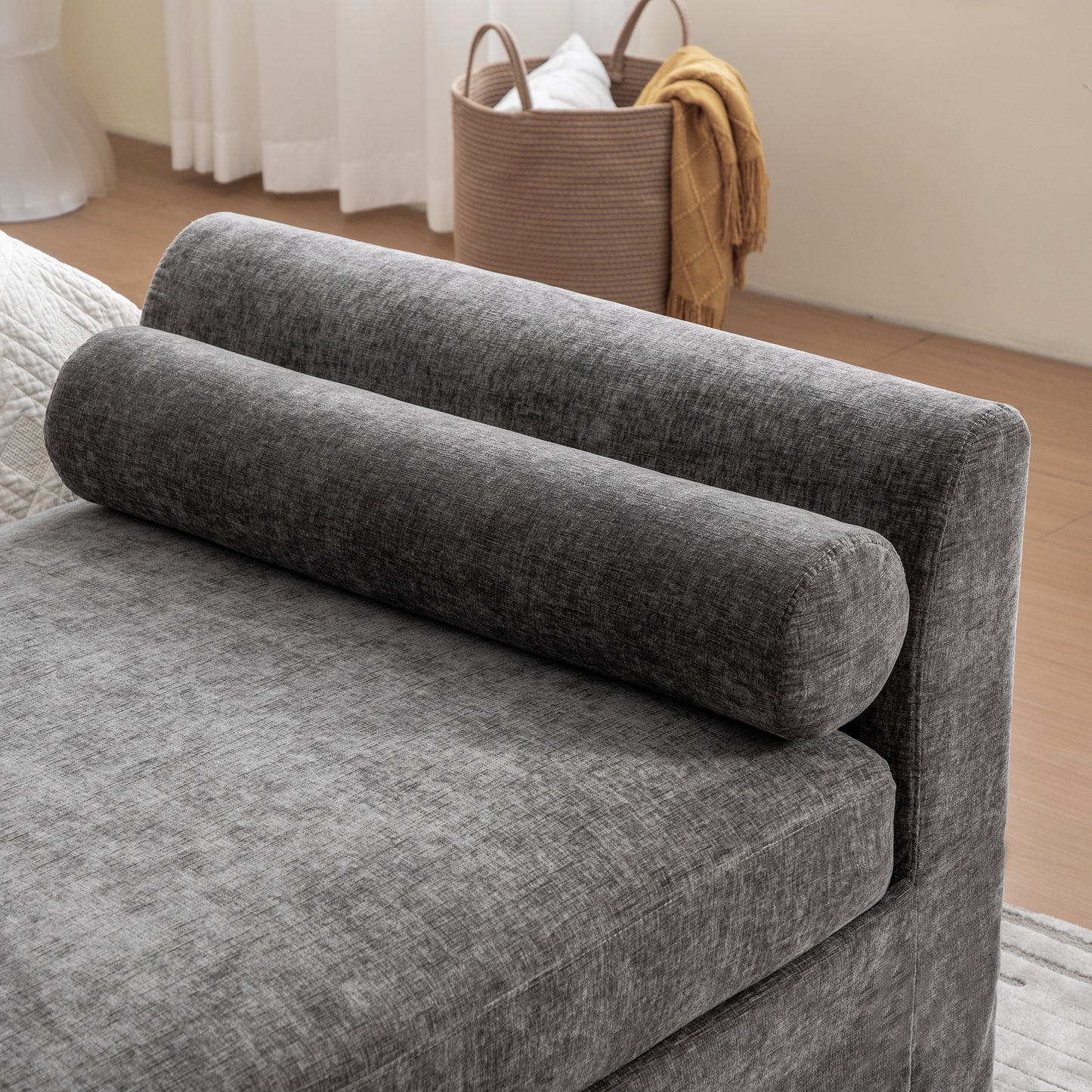 Gray Chenille Bed End Bench - Wide Footstool