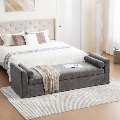 88.58" Wide Modern Bench, Bed End Bench with Armrests,Chenille Chaise Lounge Couch with 2 Bolster Pillows, Suitable For Living Rooms, Entryways, Dormitories, And Bedrooms.Gray