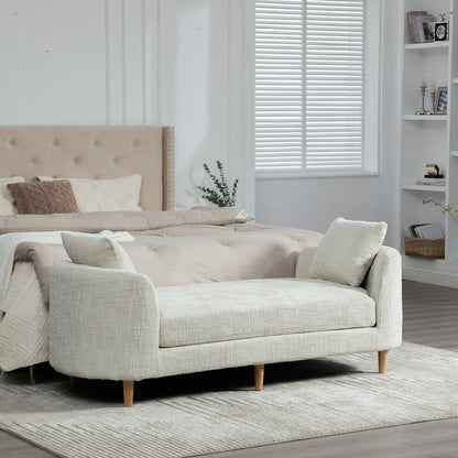 Wide Beige Chenille Bench with Armrests - End of Bed Accent Stool for Bedroom