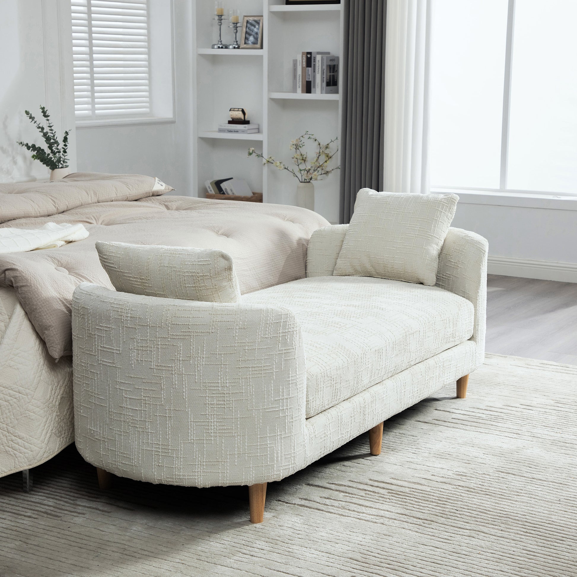 Wide Beige Chenille Bench with Armrests - End of Bed Accent Stool for Bedroom