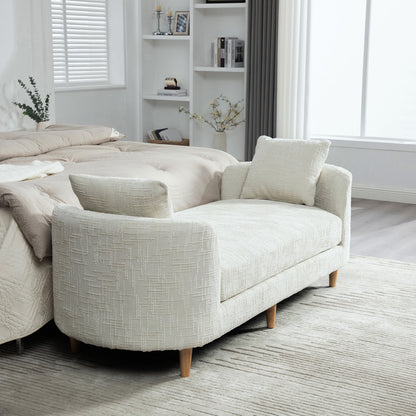Wide Beige Chenille Bench with Armrests - End of Bed Accent Stool for Bedroom