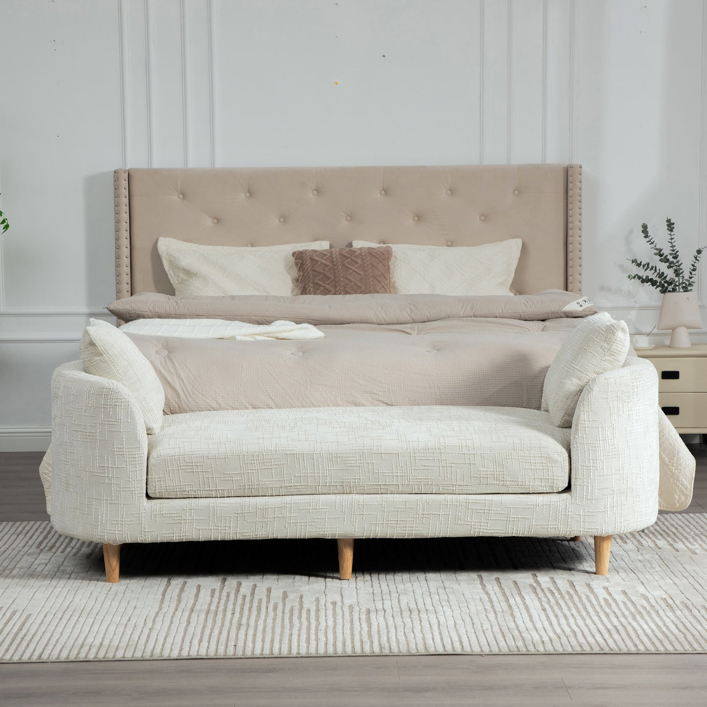Wide Beige Chenille Bench with Armrests - End of Bed Accent Stool for Bedroom