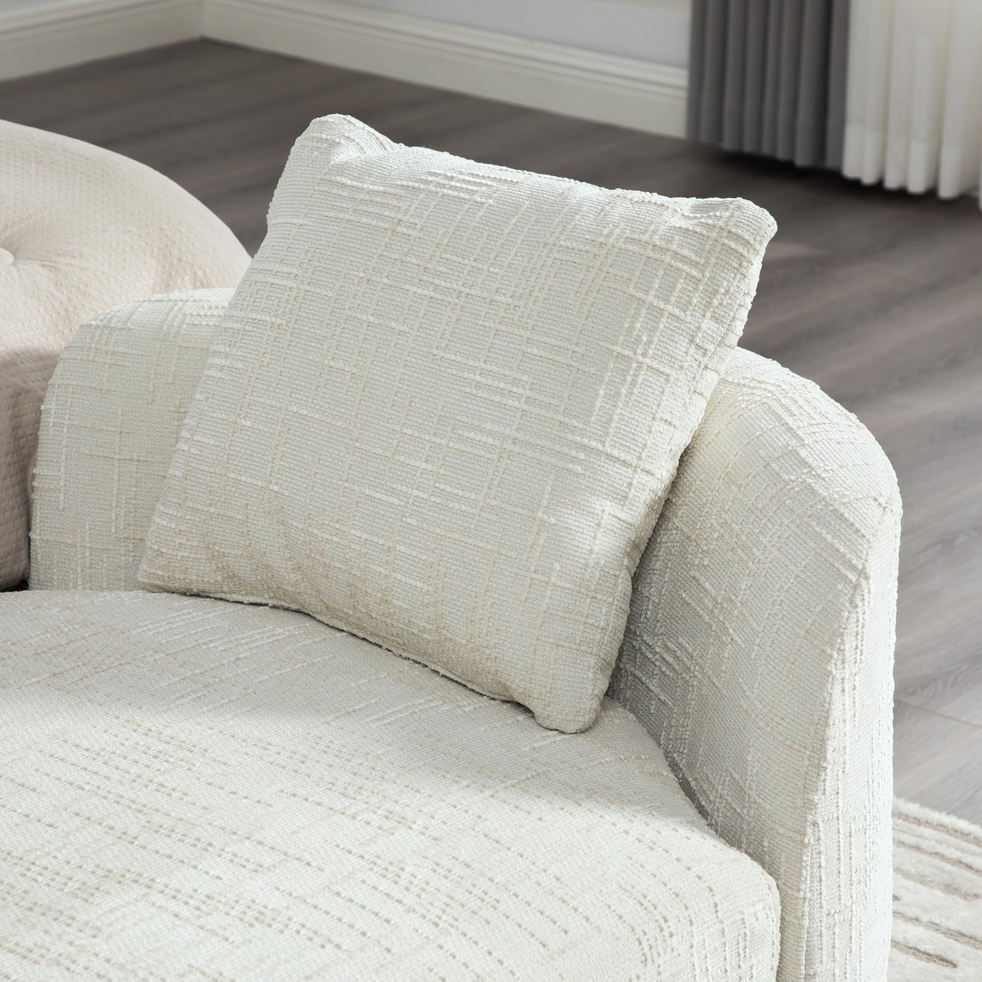 Wide Beige Chenille Bench with Armrests - End of Bed Accent Stool for Bedroom