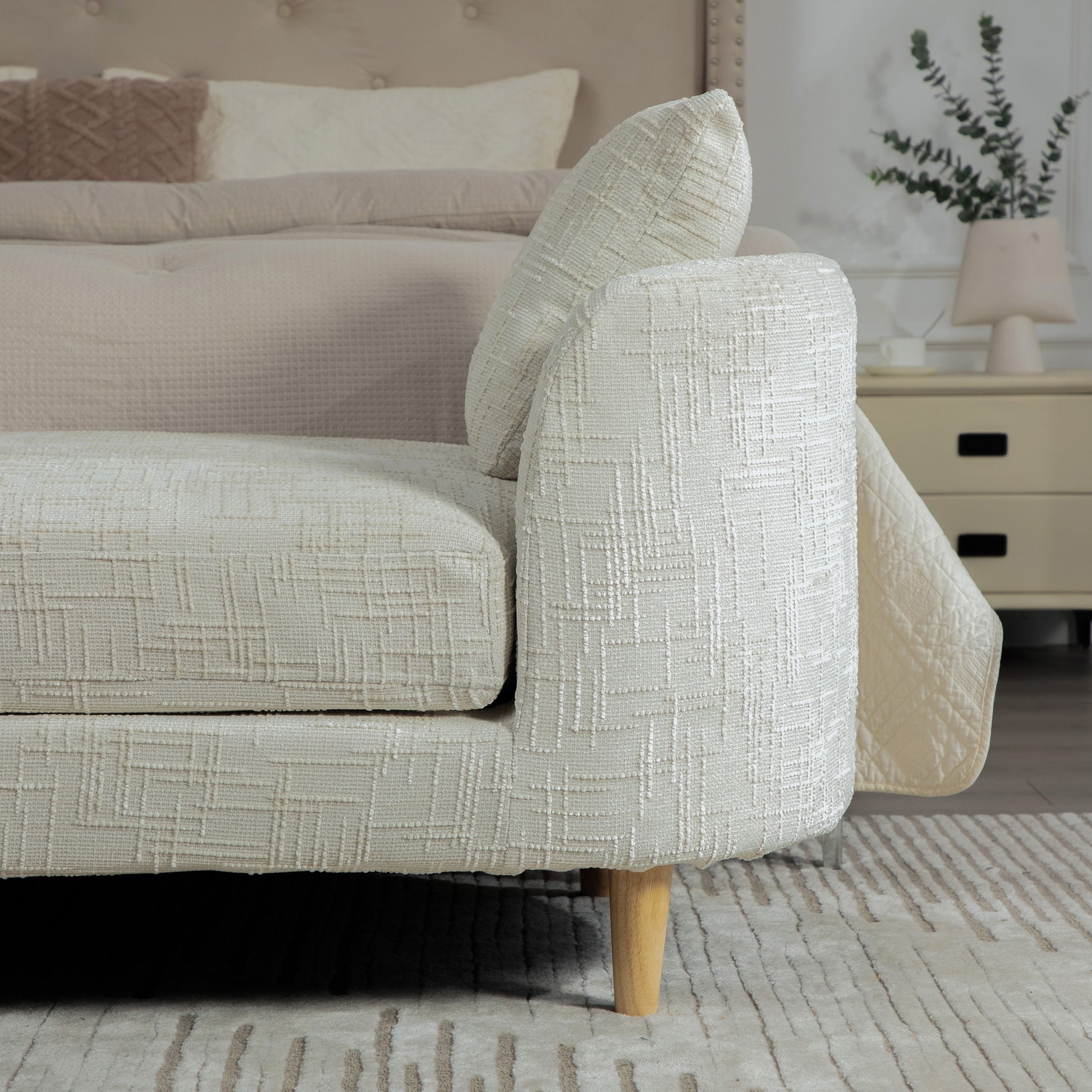 Wide Beige Chenille Bench with Armrests - End of Bed Accent Stool for Bedroom
