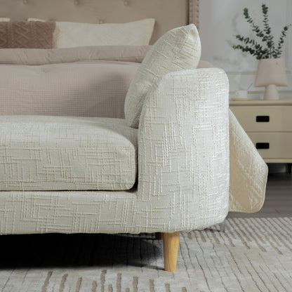 Wide Beige Chenille Bench with Armrests - End of Bed Accent Stool for Bedroom
