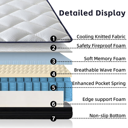 Queen Blue Brown White Foam Mattress 10 Inch Hybrid for Bedroom
