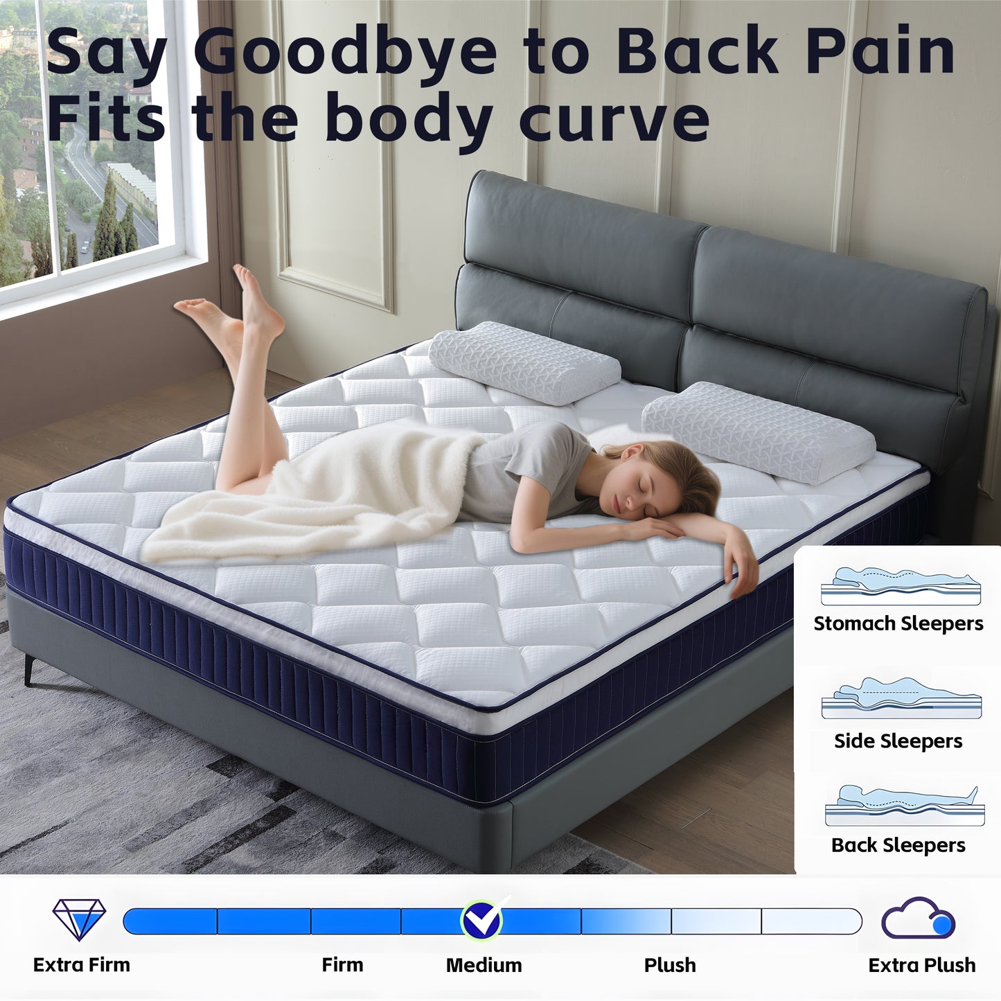 Queen Blue Brown White Foam Mattress 10 Inch Hybrid for Bedroom