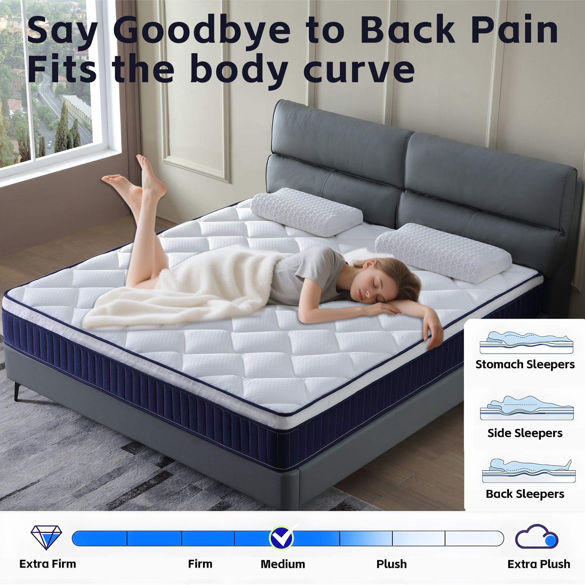 Queen Blue Brown White Foam Mattress 10 Inch Hybrid for Bedroom