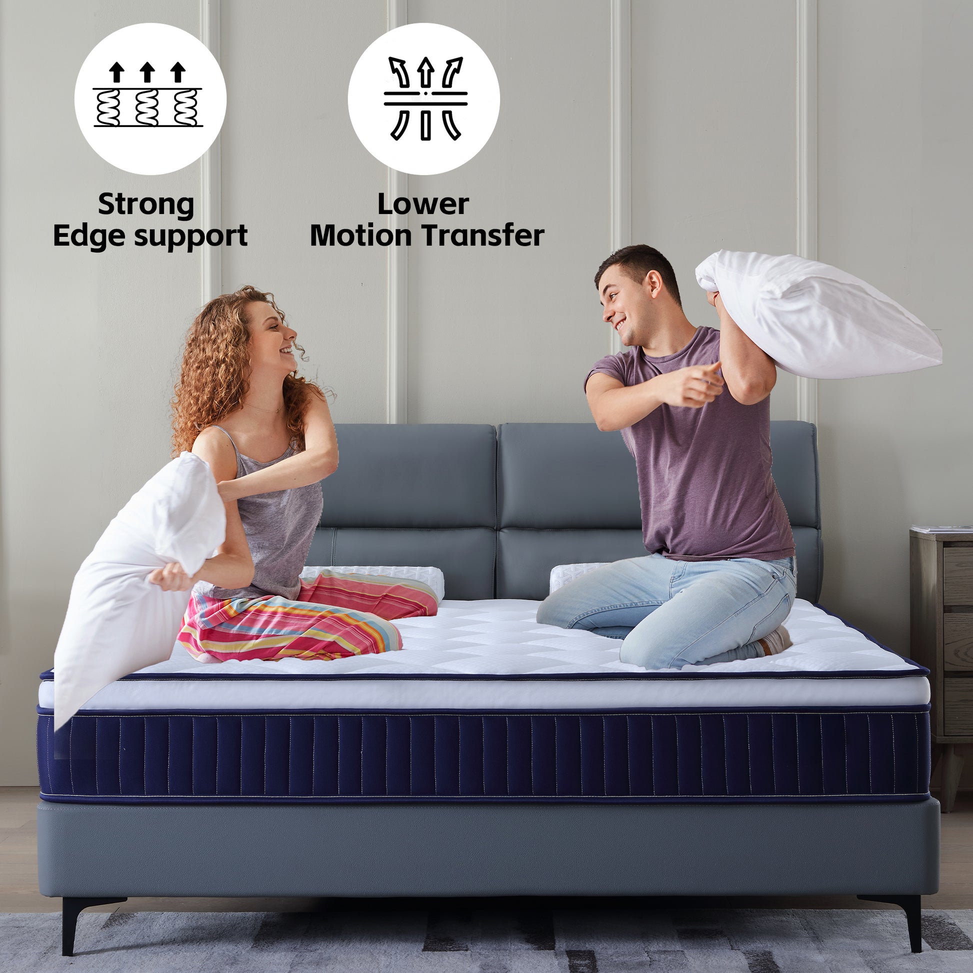 Queen Blue Brown White Foam Mattress 10 Inch Hybrid for Bedroom