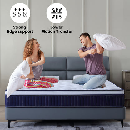 Queen Blue Brown White Foam Mattress 10 Inch Hybrid for Bedroom